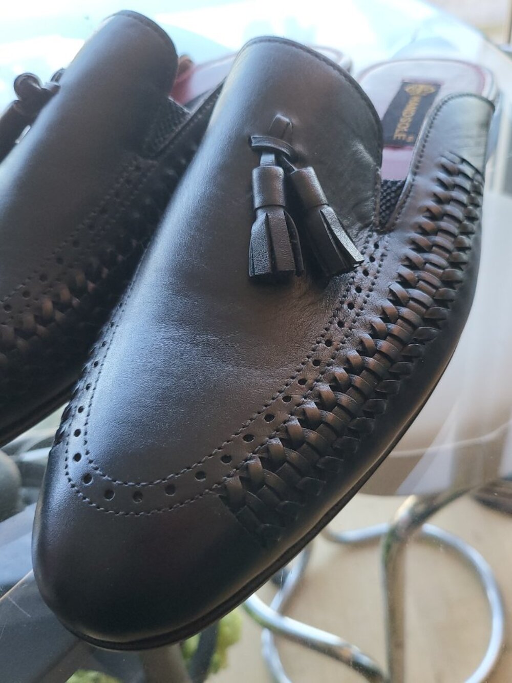 Men's Handsole Black Backless Mule Loafers w/Burnished Patina Woven leather